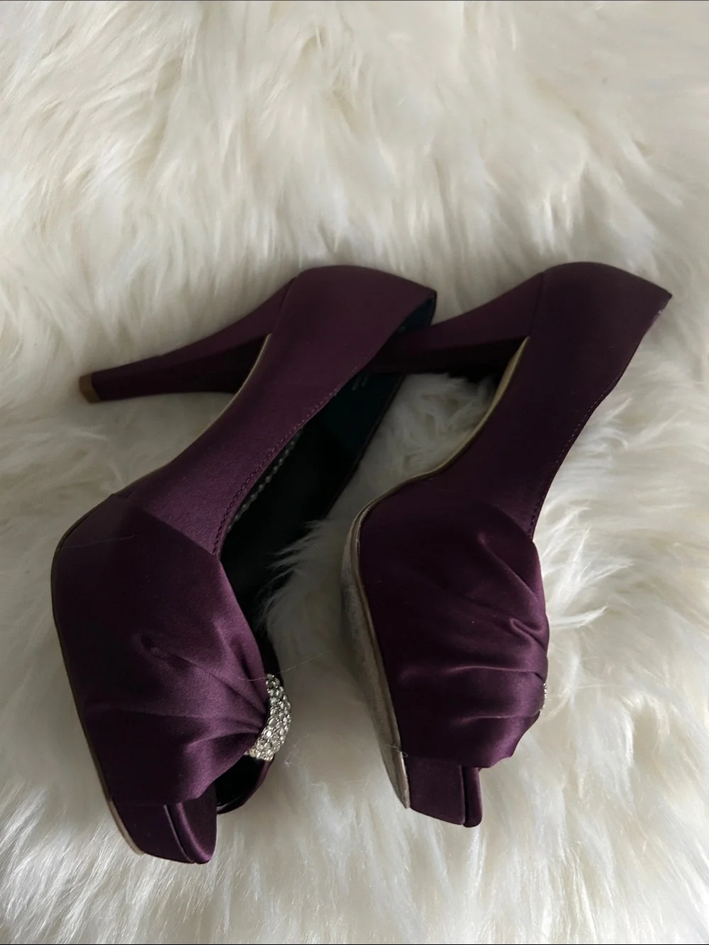 Michaelangelo Plum Satin Peep-Toe Heels with Crystal Bow